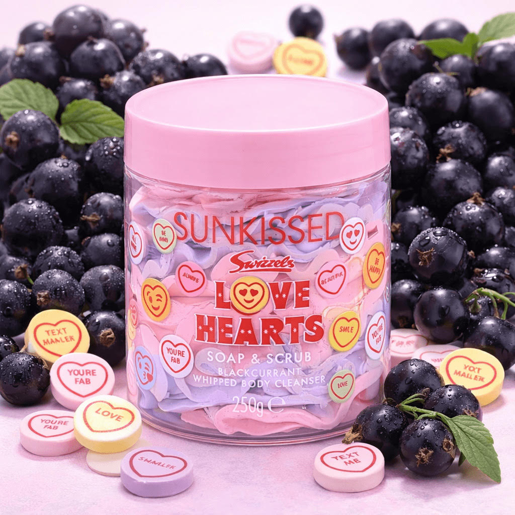 Sunkissed x Love Hearts Blackcurrant Soap & Scrub Whipped Body Cleanser 250g - VEGAN